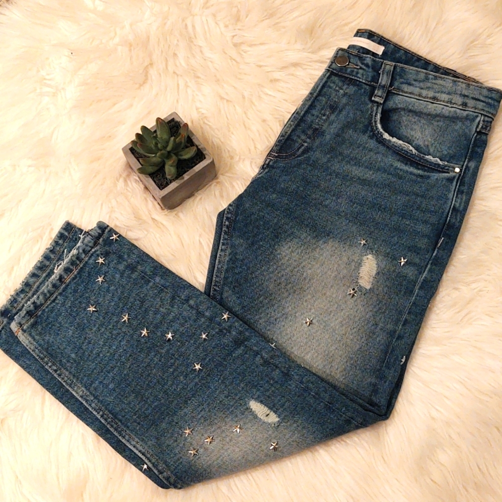 ZARA | EUC Silver Star Studded Straight Leg Jeans